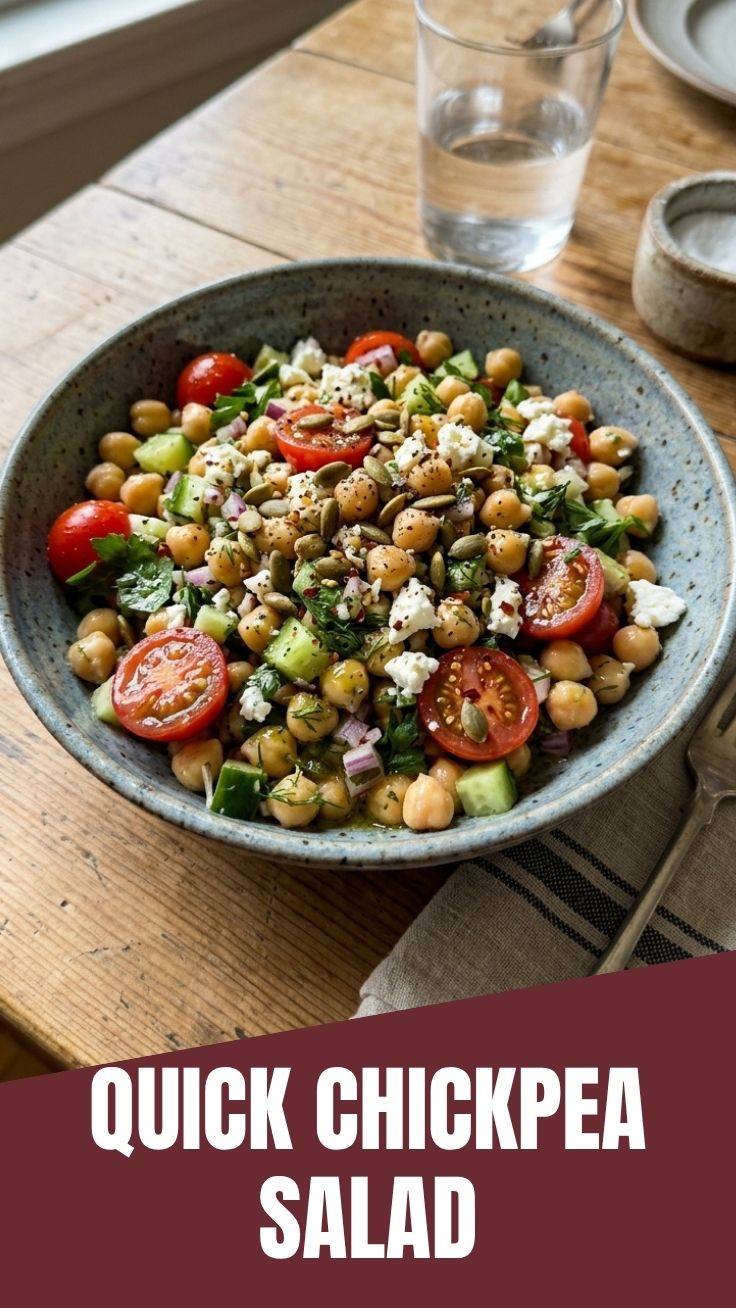 A fresh bowl of chickpea salad with vibrant vegetables.