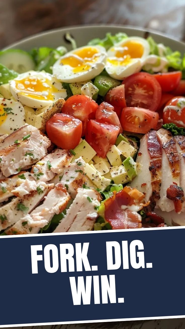 A vibrant Cobb salad with rows of fresh ingredients
