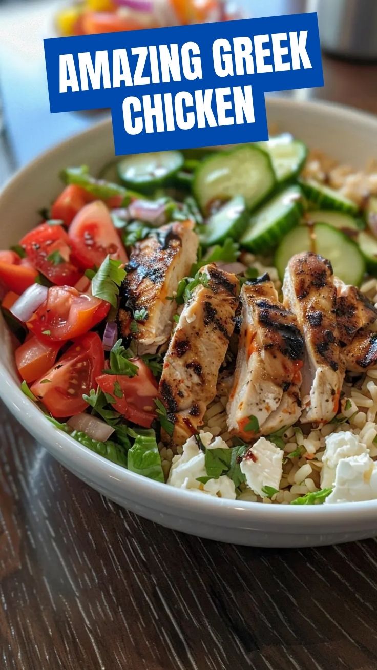 A vibrant Greek chicken bowl with fresh vegetables and feta cheese