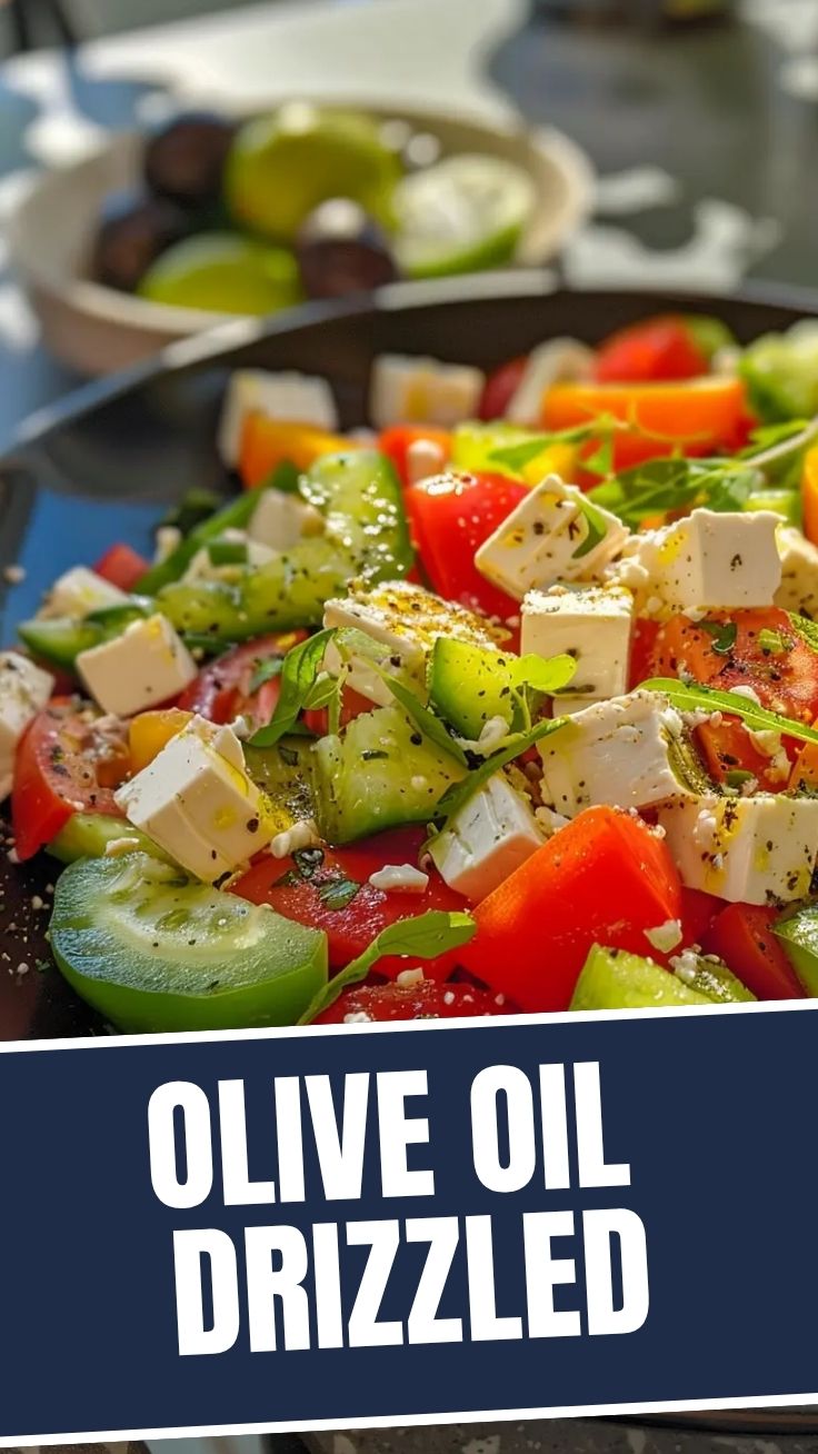 A bowl of fresh Greek salad with feta cheese, olives, and crisp vegetables