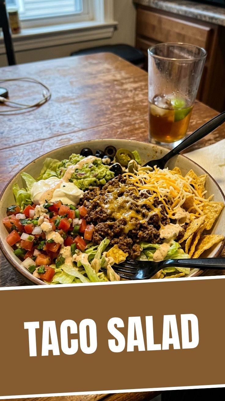 Fresh taco salad bowl with crispy lettuce and ground beef
