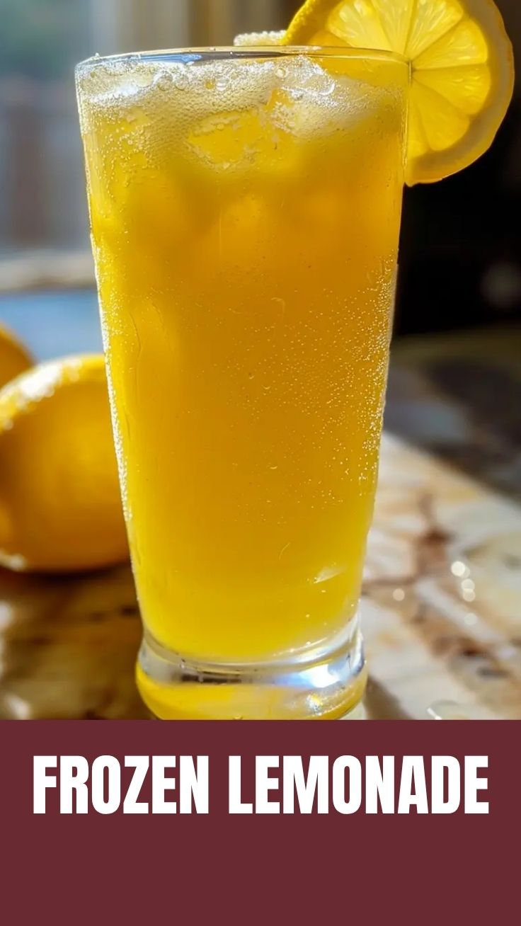 A tall glass of frozen lemonade with a lemon slice garnish