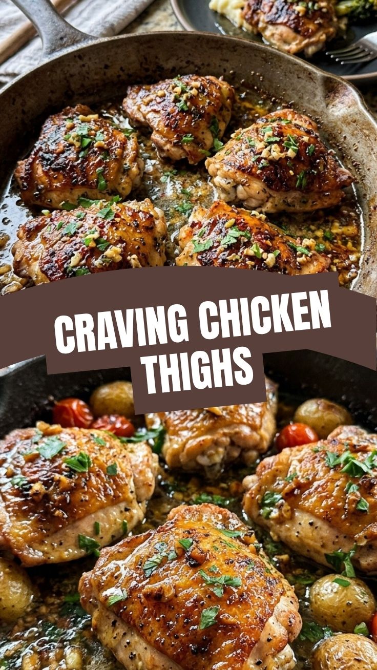 Golden brown garlic butter chicken thighs in a cast iron skillet with fresh herbs and garlic cloves scattered around