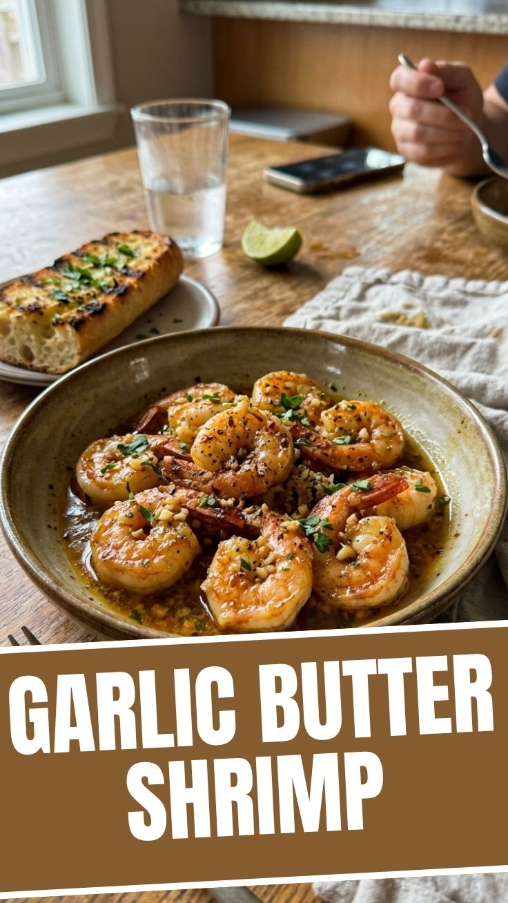A serving of delicious garlic butter shrimp in a pan.