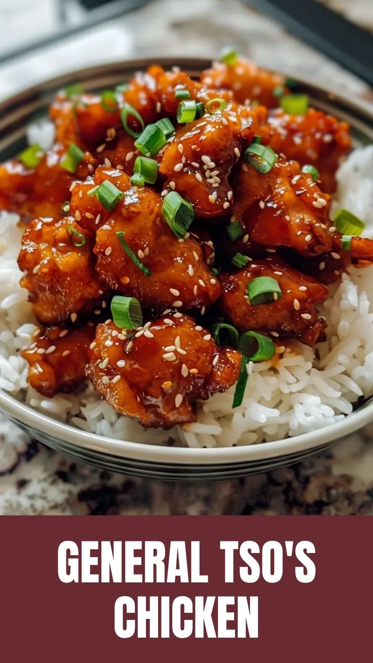 A serving of General Tso's Chicken coated in a rich, sweet, and spicy sauce, garnished with scallions.