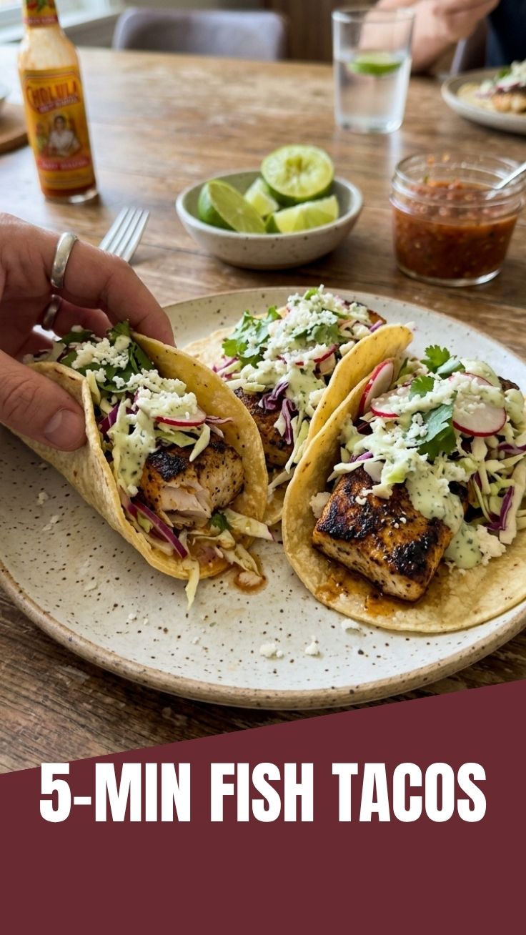 Three grilled fish tacos with vibrant toppings on a platter