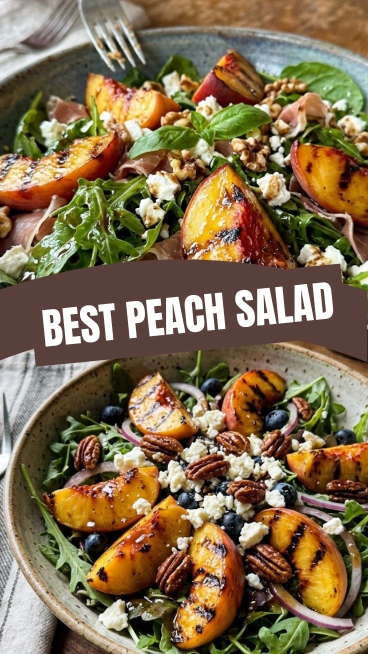 A vibrant grilled peach salad with mixed greens and feta cheese.