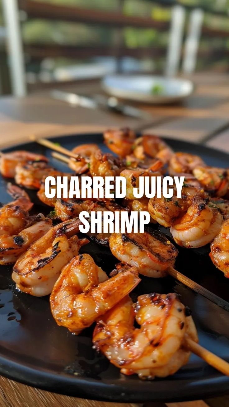 Perfectly grilled shrimp skewers with char marks, ready to serve