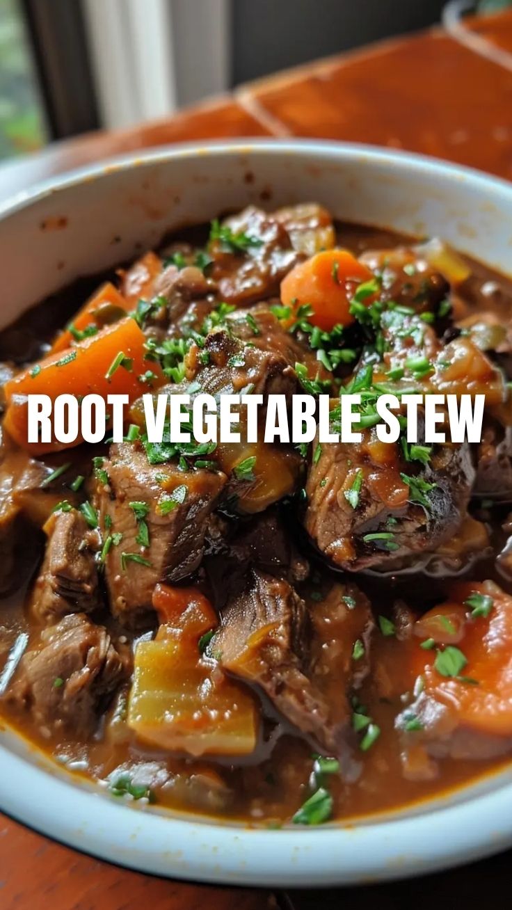 A hearty bowl of beef stew with vegetables and rich brown gravy