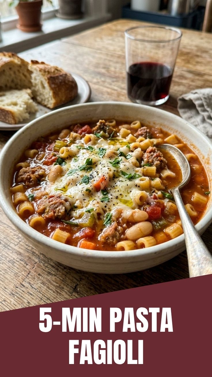 A steaming bowl of hearty pasta fagioli filled with pasta, beans, and vegetables.