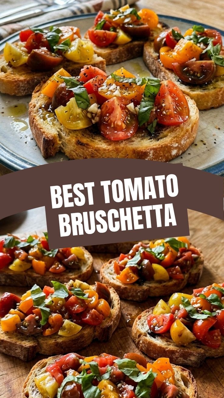 Delicious heirloom tomato bruschetta with fresh basil