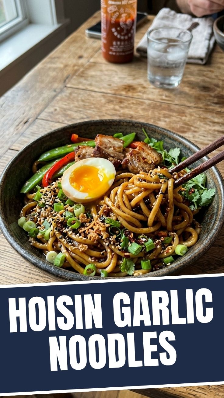 Hoisin Garlic Noodles in a ceramic bowl with green onions and sesame seeds
