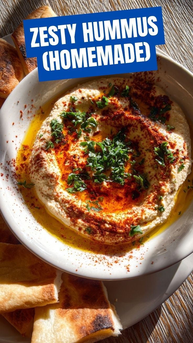 A vibrant bowl of homemade hummus, garnished with olive oil and parsley.