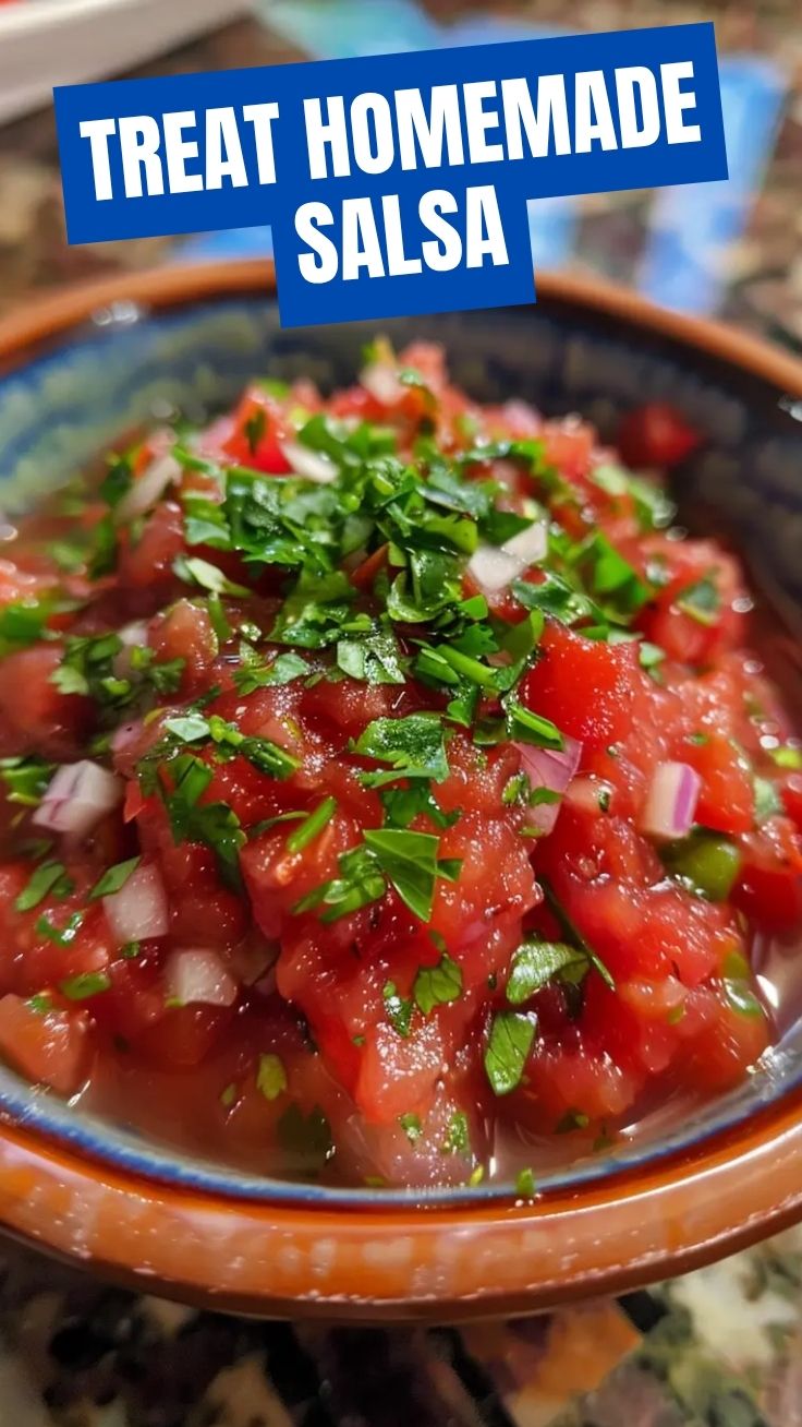 A bowl of vibrant homemade salsa, freshly prepared with ripe tomatoes and herbs.