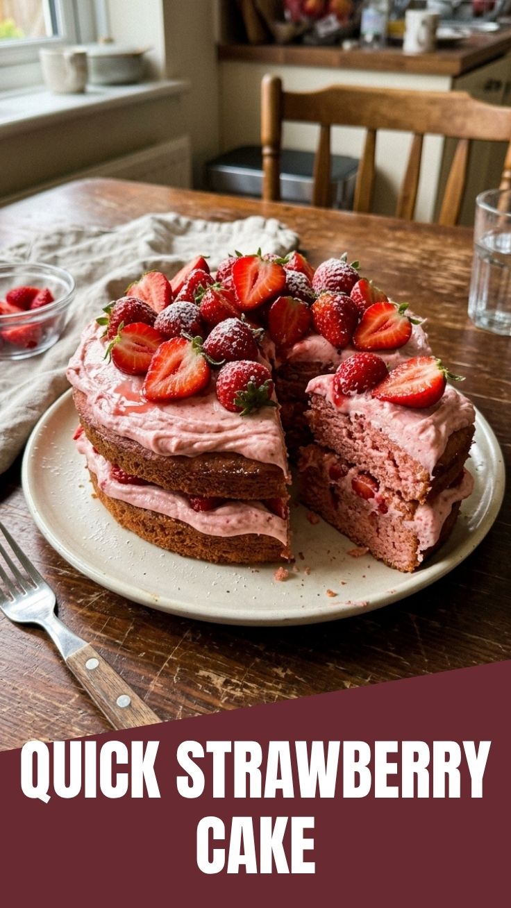 A homemade strawberry cake, freshly baked and decorated.
