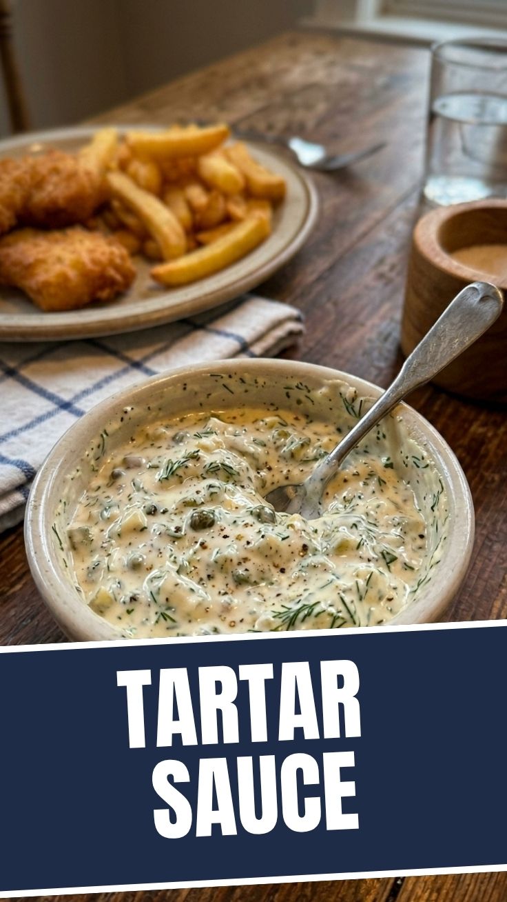 A close-up of a bowl of creamy homemade tartar sauce garnished with fresh dill.