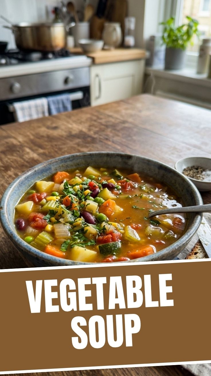 A steaming bowl of homemade vegetable soup with fresh ingredients.