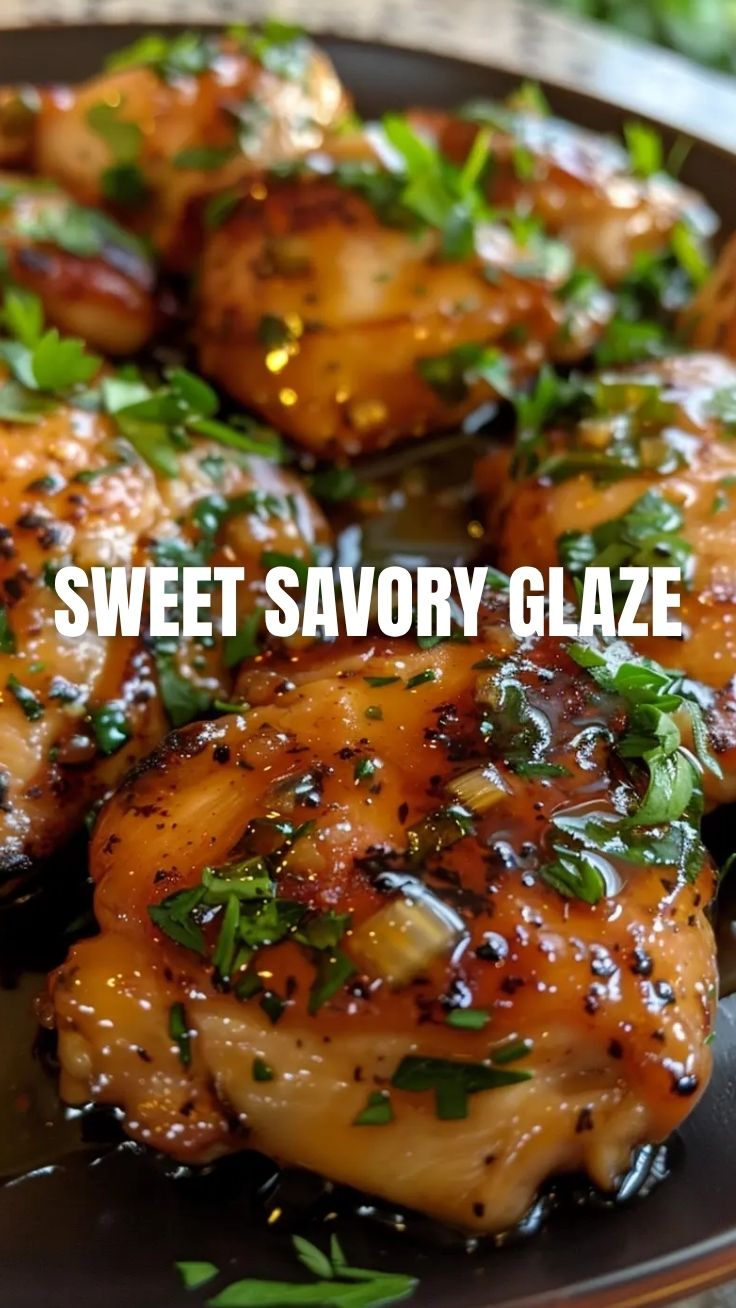 A close-up of beautifully glazed honey garlic chicken pieces, garnished with fresh herbs.