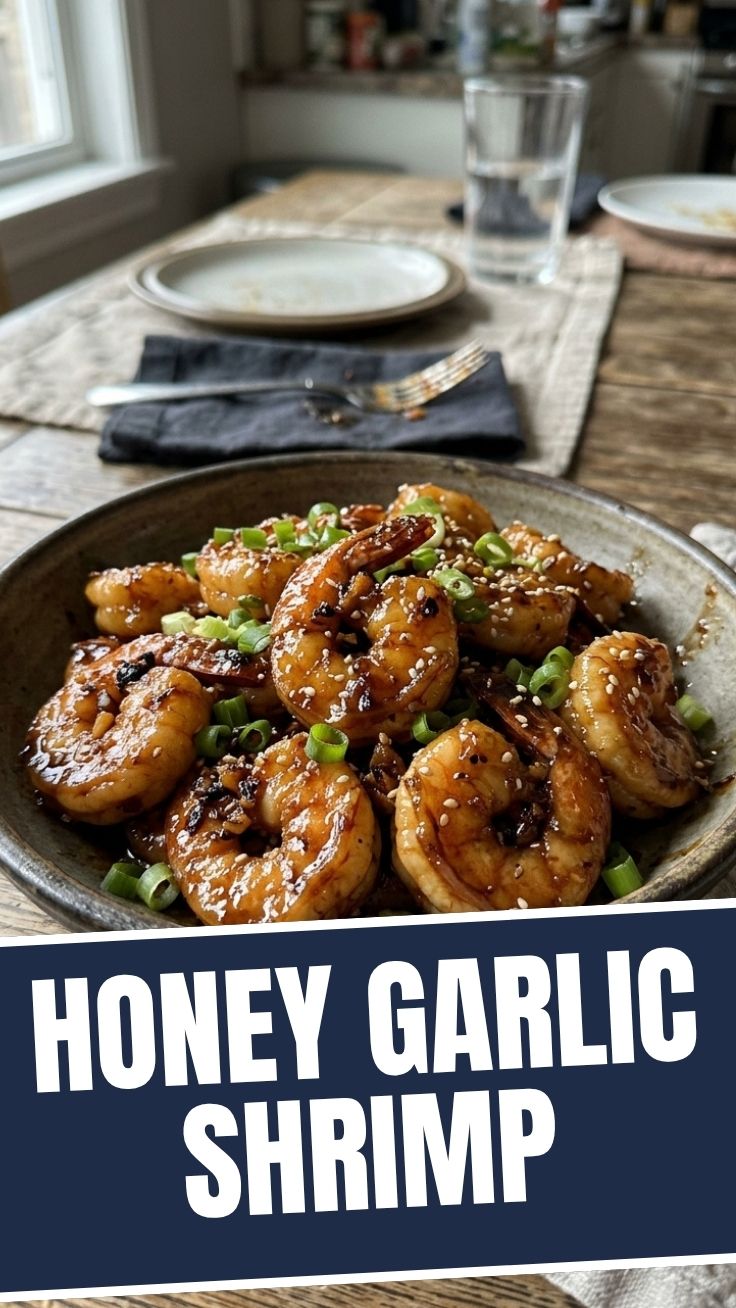 Golden honey garlic shrimp in a skillet with green onions and sesame seeds