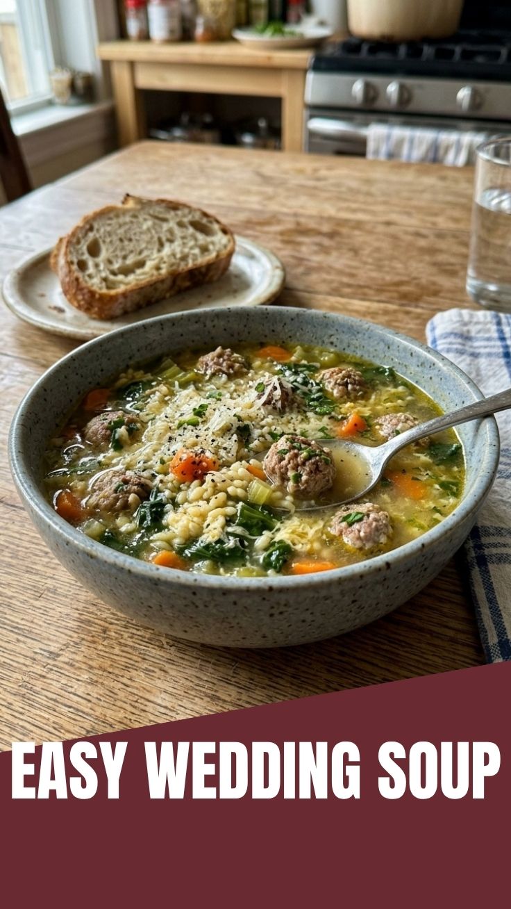 A bowl of delicious Italian Wedding Soup with small meatballs and greens