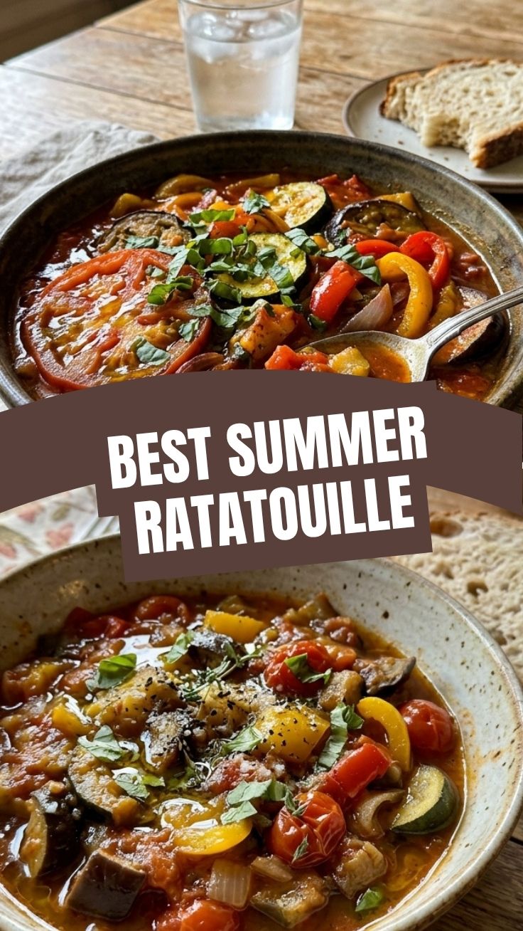 A vibrant late summer ratatouille, beautifully layered and showcasing fresh vegetables.