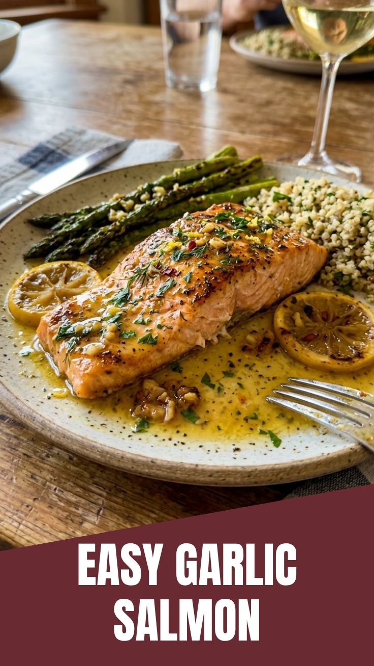 A perfectly cooked piece of lemon garlic salmon, flaky and golden-brown.