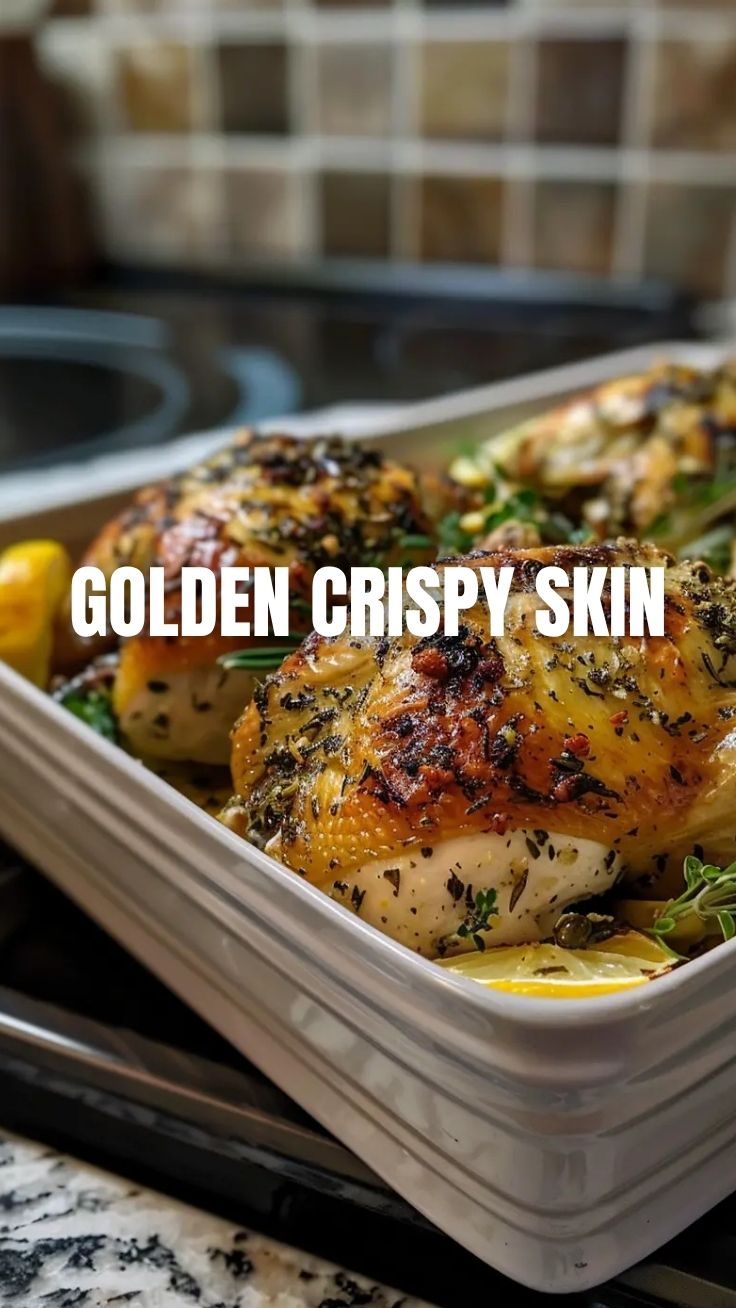 A whole roasted chicken generously seasoned with lemon and herbs
