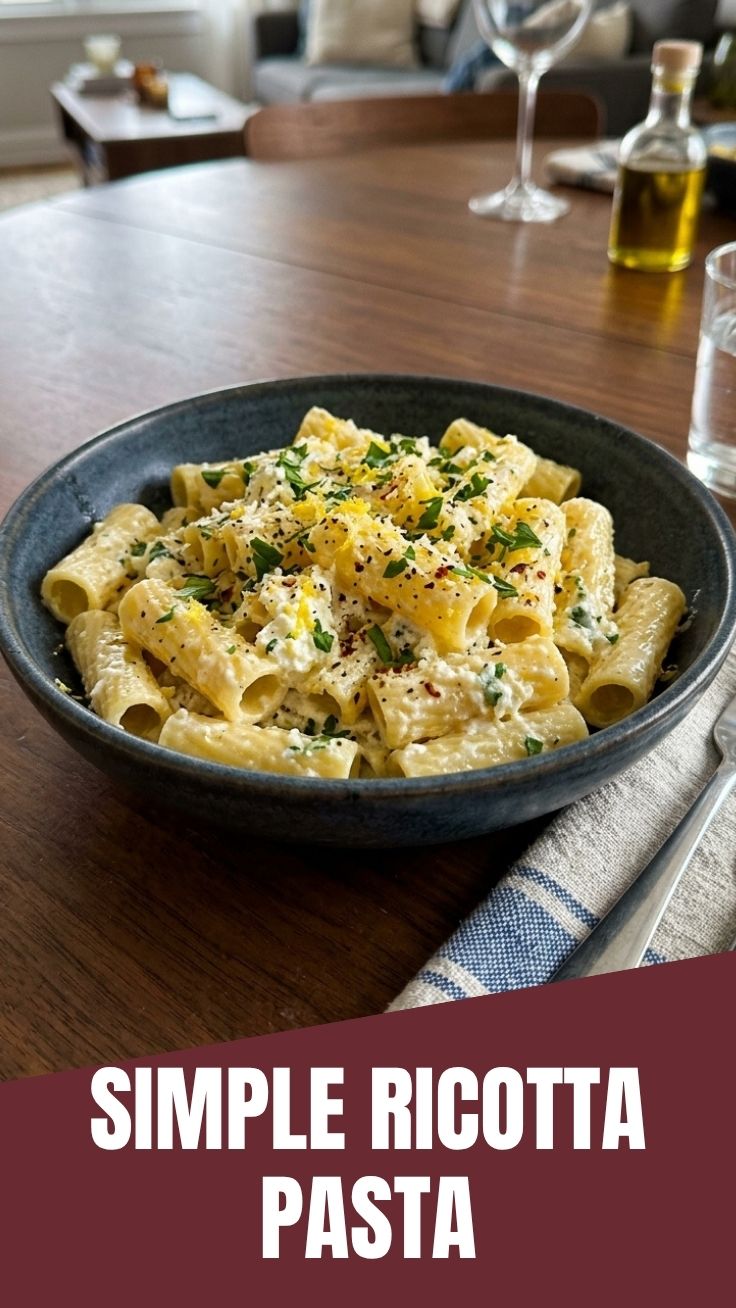 Creamy lemon ricotta pasta in a white bowl with fresh herbs