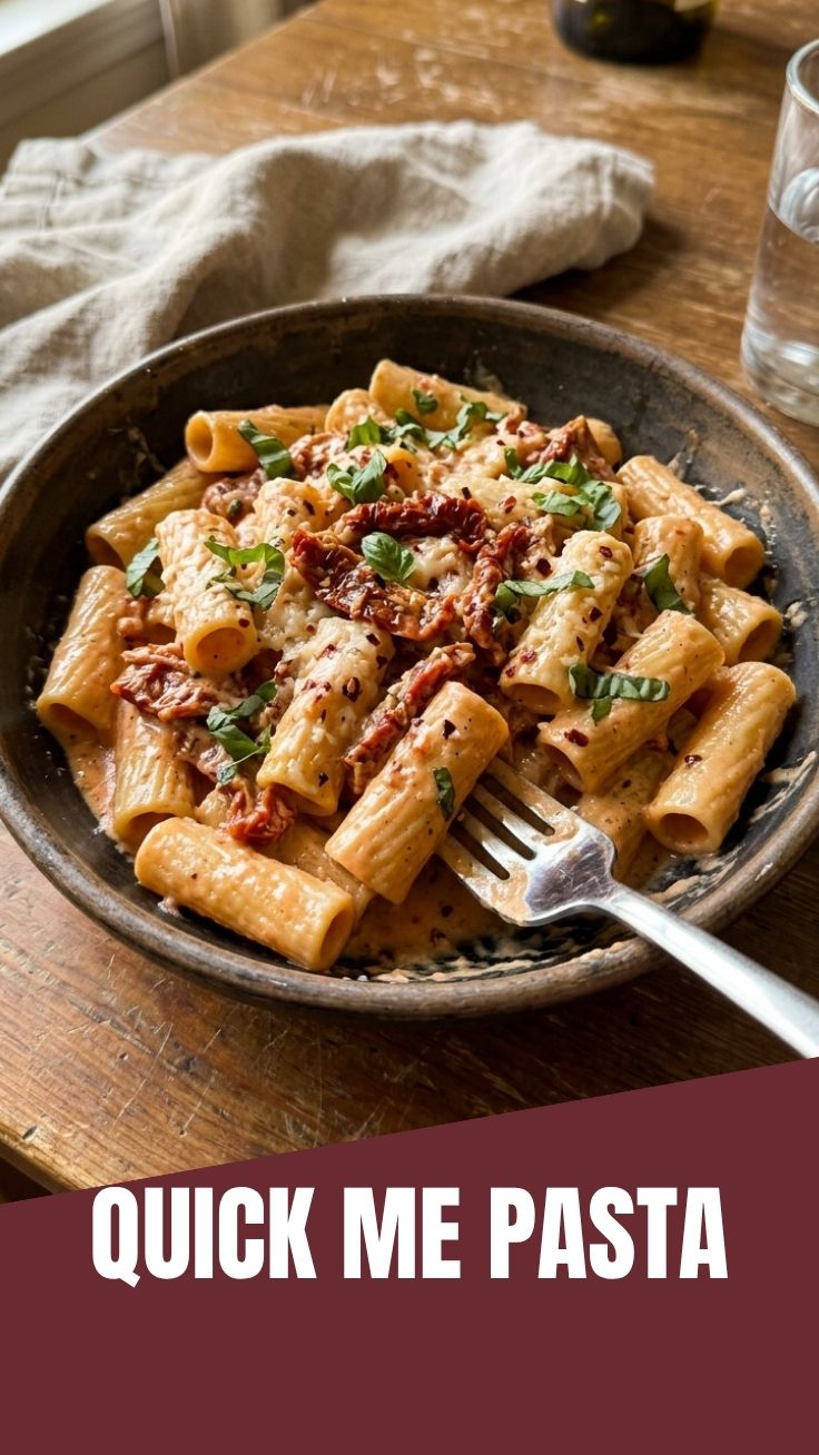 Creamy sun-dried tomato pasta in a skillet