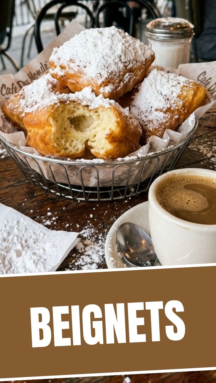 Golden beignets dusted with powdered sugar on a plate