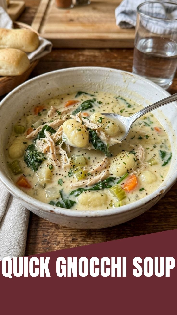 Creamy chicken gnocchi soup in a rustic bowl