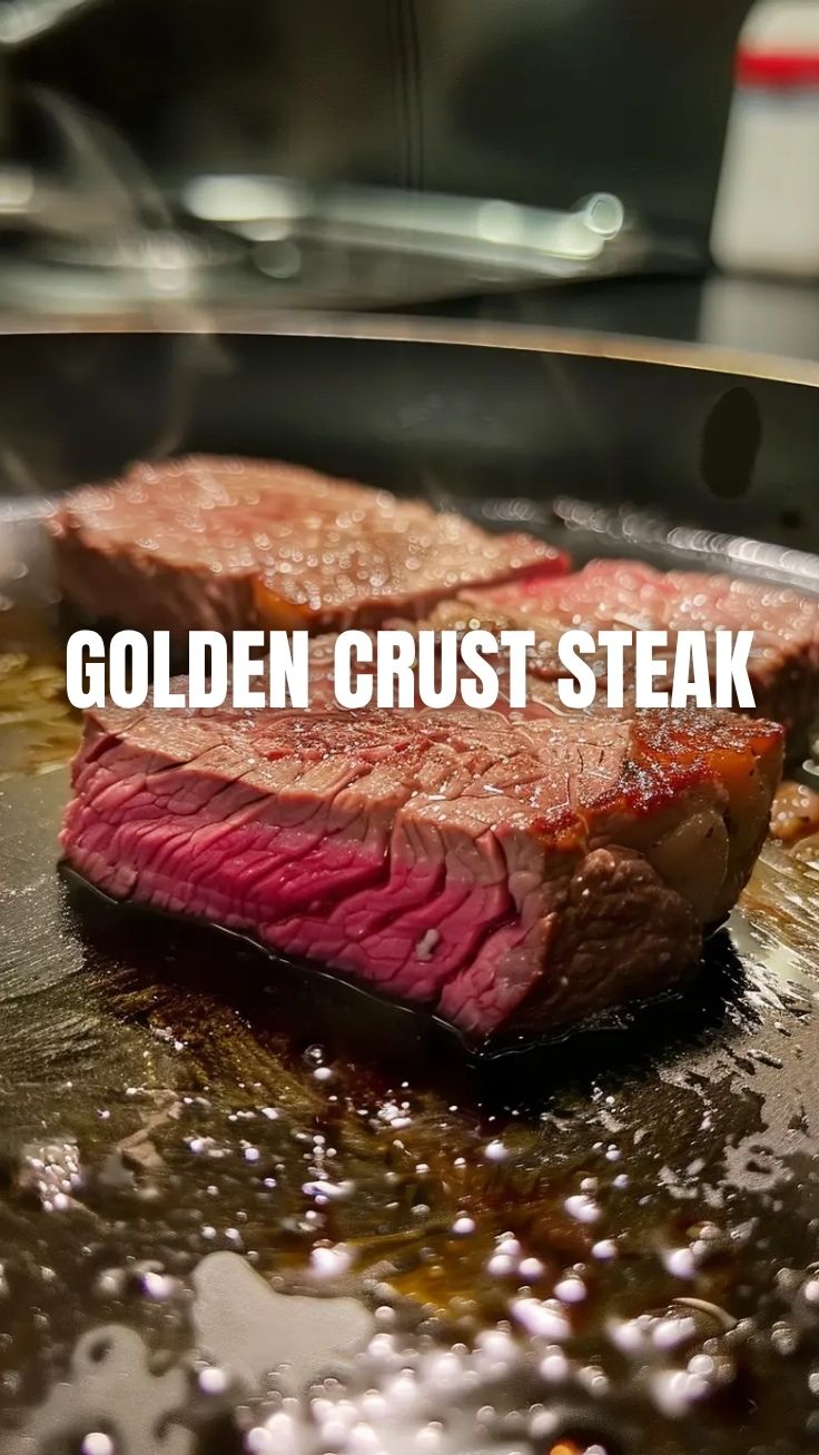 A perfectly pan-seared ribeye steak with a golden-brown crust and pink interior, garnished with fresh herbs.