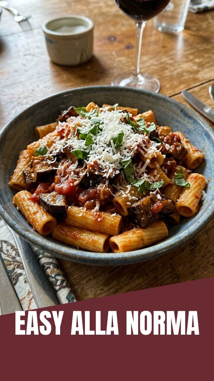 Authentic Pasta alla Norma in a ceramic bowl
