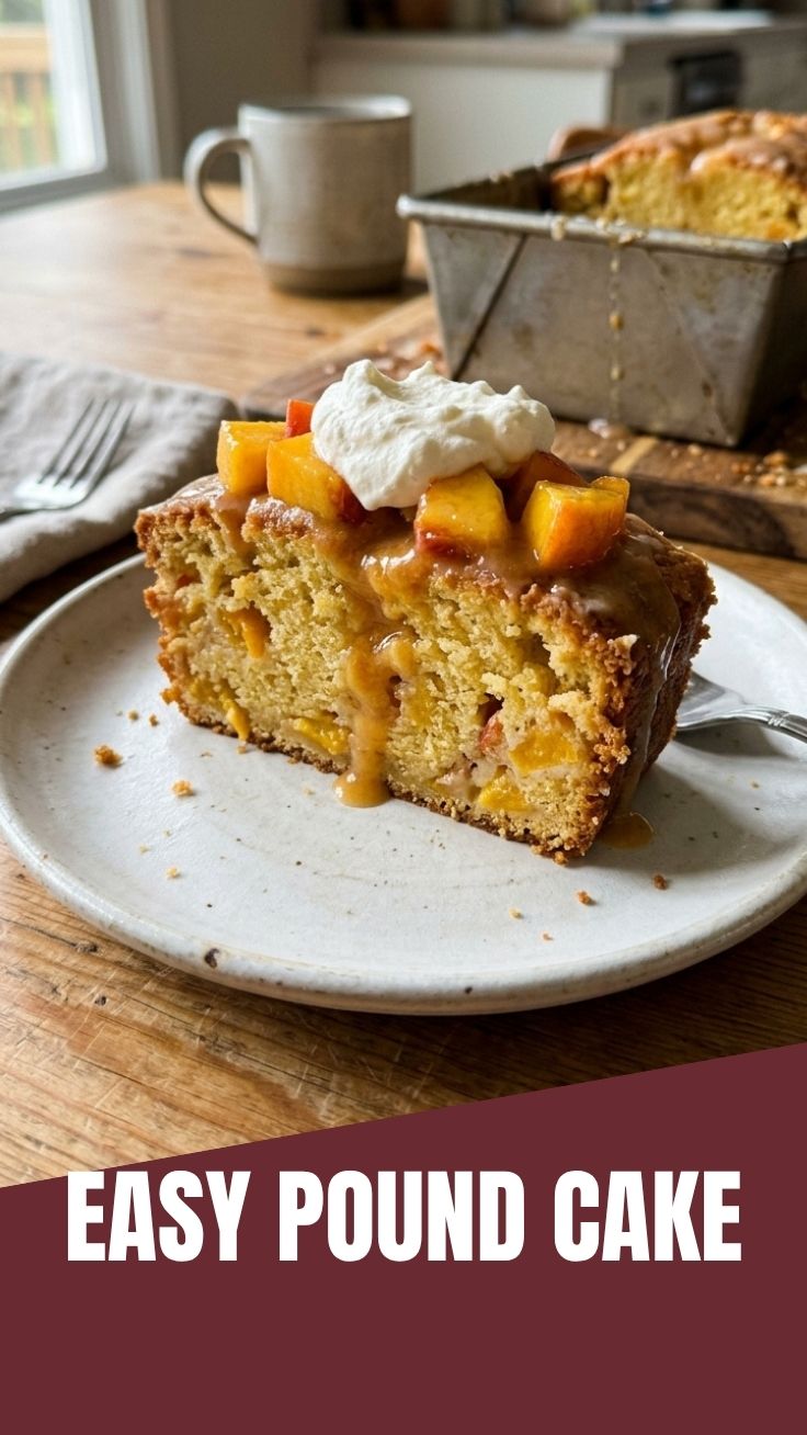 A freshly baked peach pound cake sliced on a serving platter.