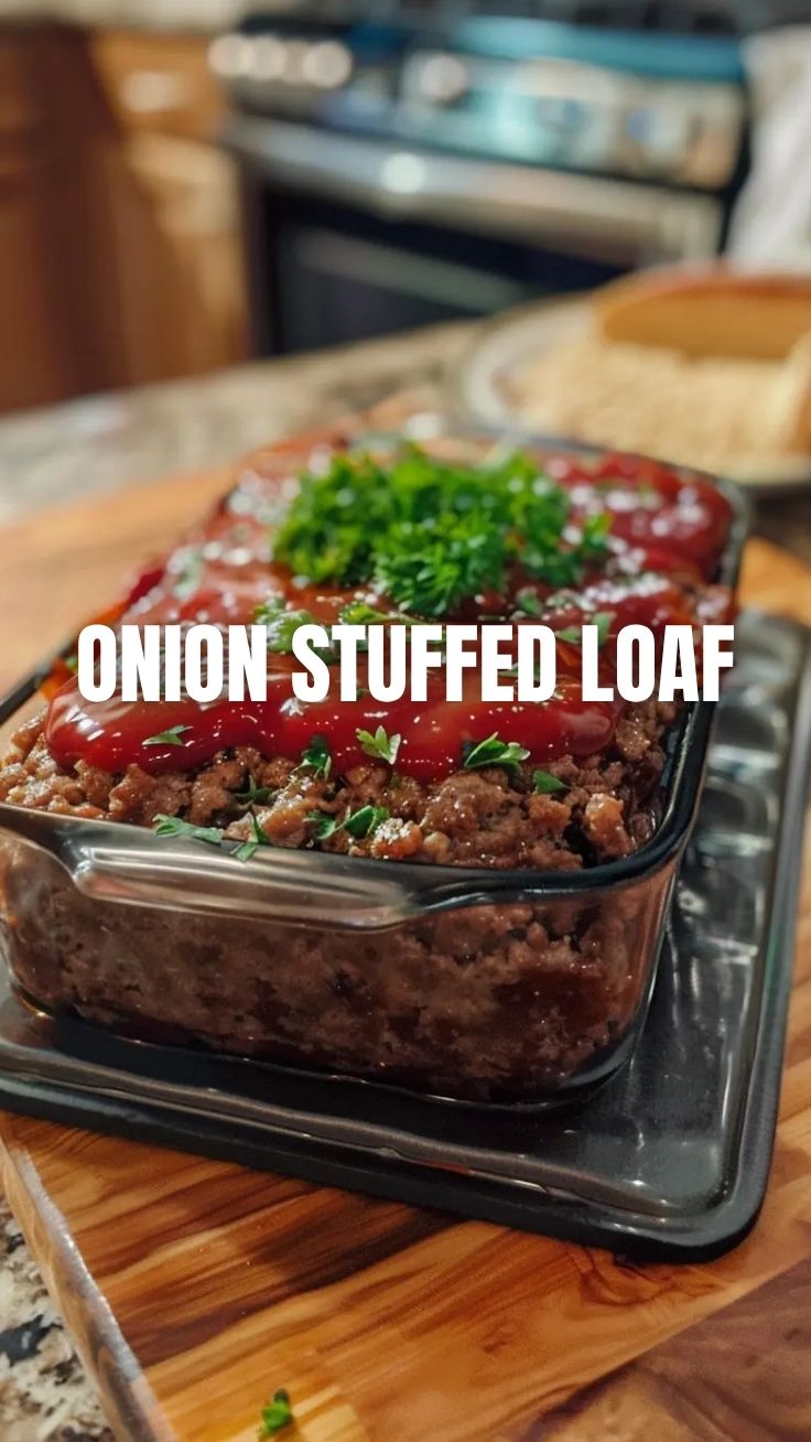 A freshly baked meatloaf, still warm from the oven, with a rich glaze.