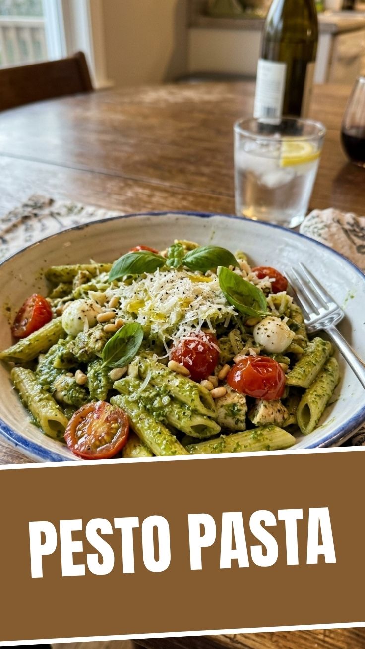 Pesto pasta garnished with fresh basil and parmesan