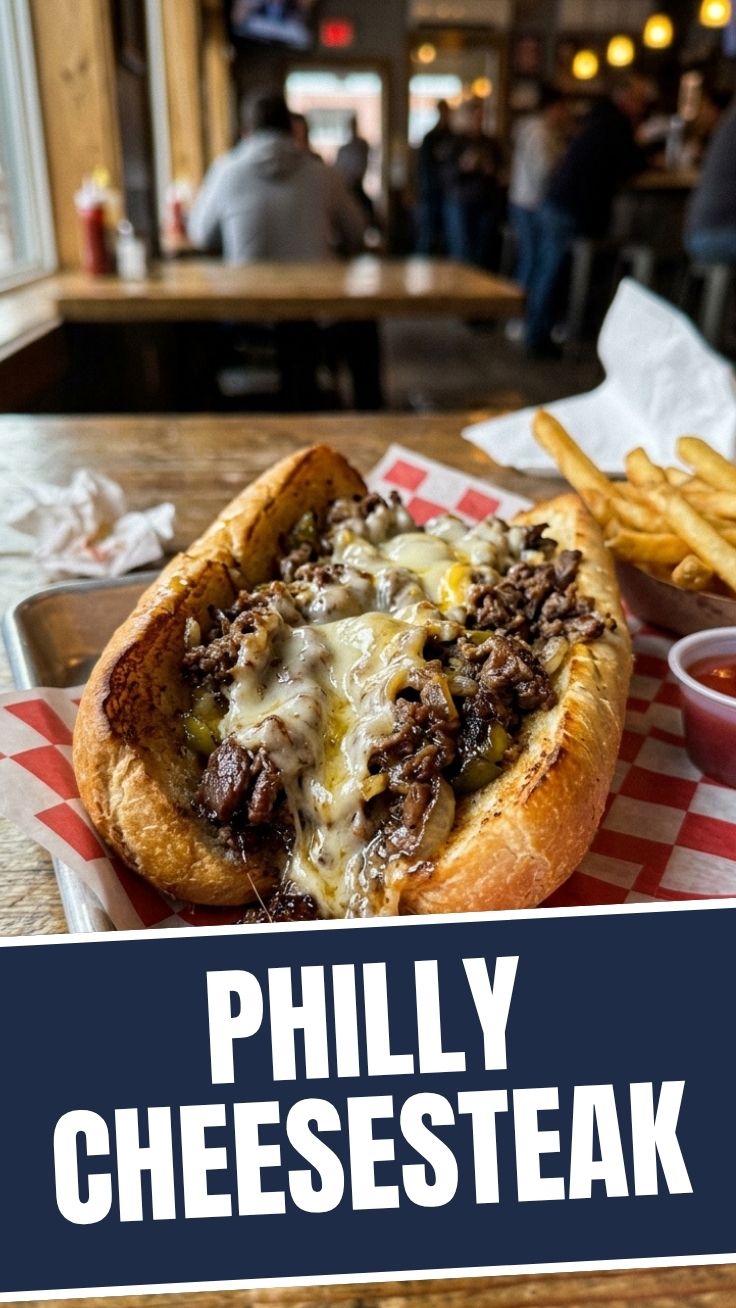 A delicious Philly Cheesesteak sandwich, brimming with steak and cheese
