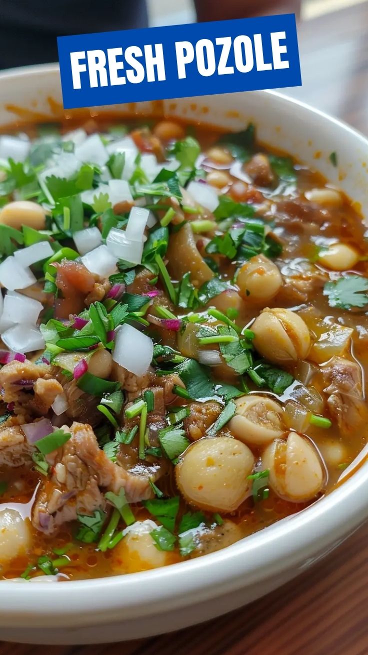 Bowl of pozole with toppings