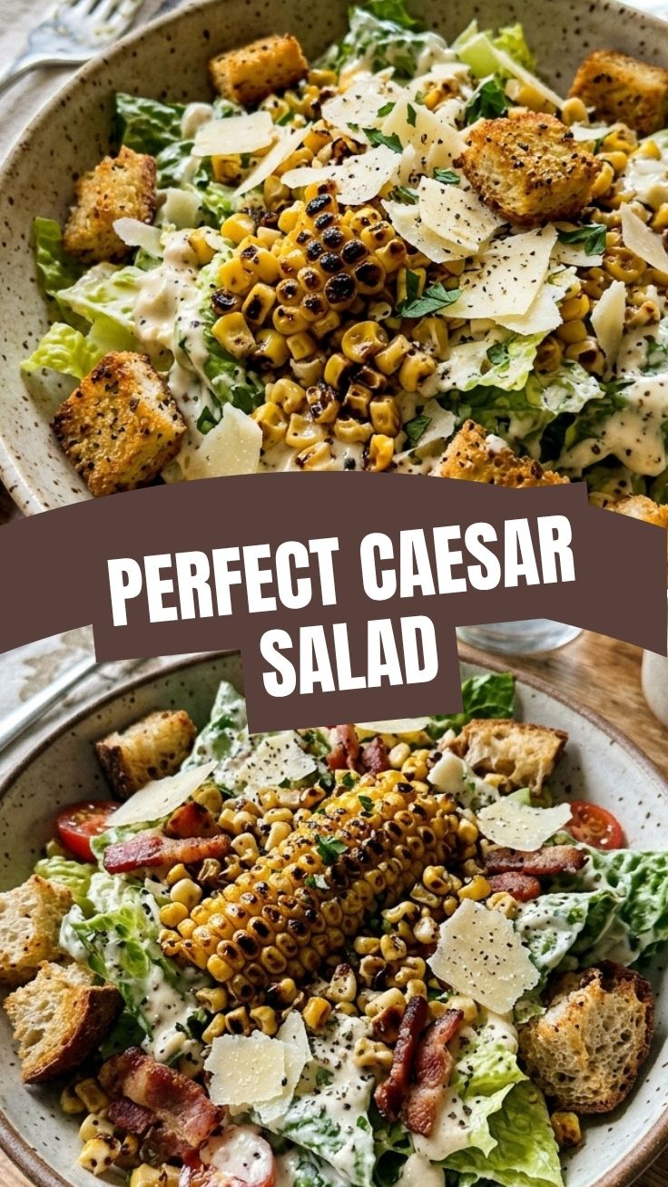 A vibrant Roasted Corn Caesar Salad with fresh greens and croutons.