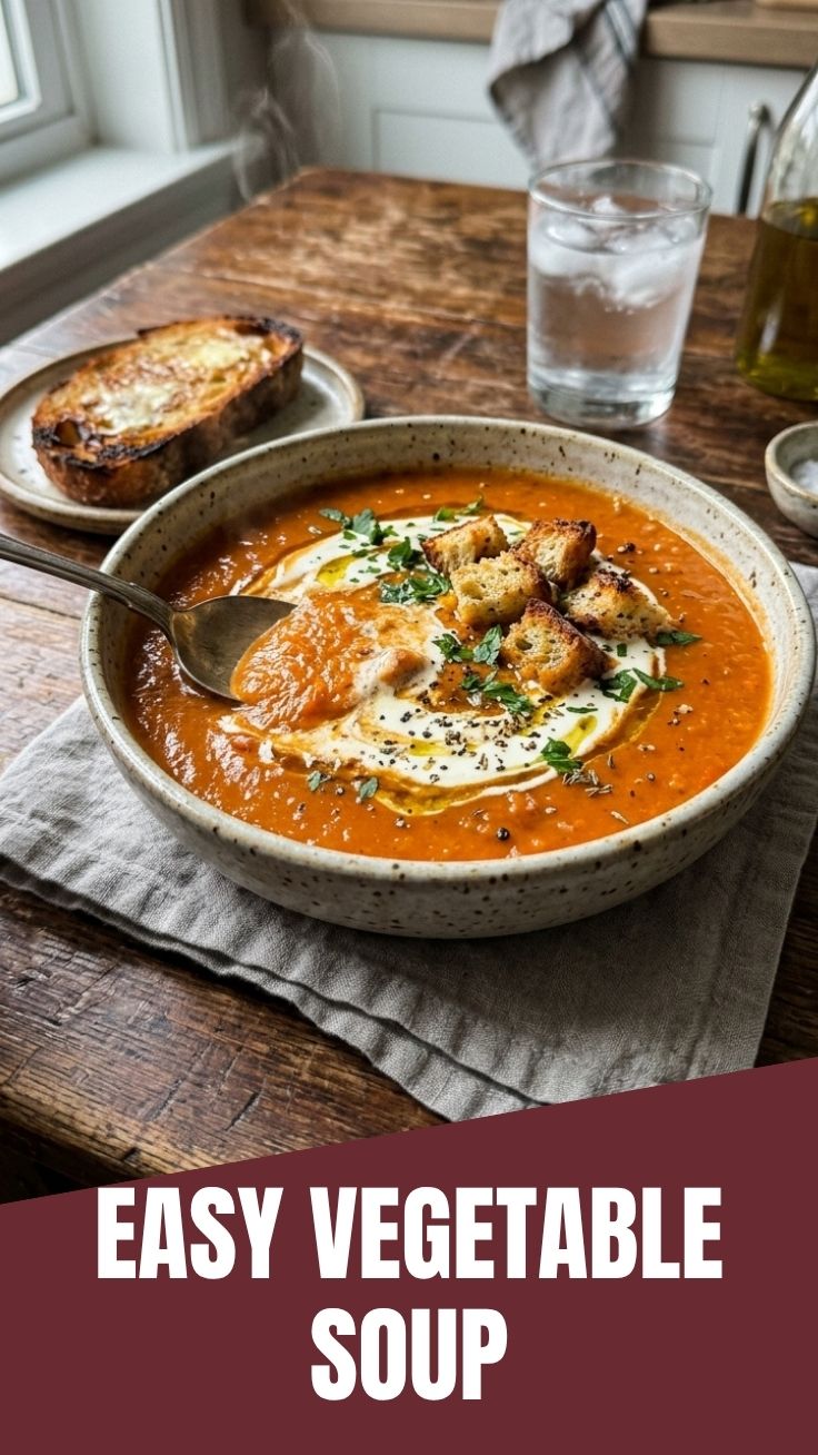 Roasted vegetable soup with fresh herbs on top