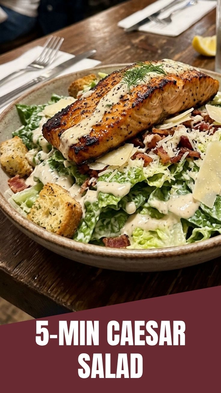 Freshly made salmon caesar salad with seared salmon fillet, romaine, croutons, and Parmesan