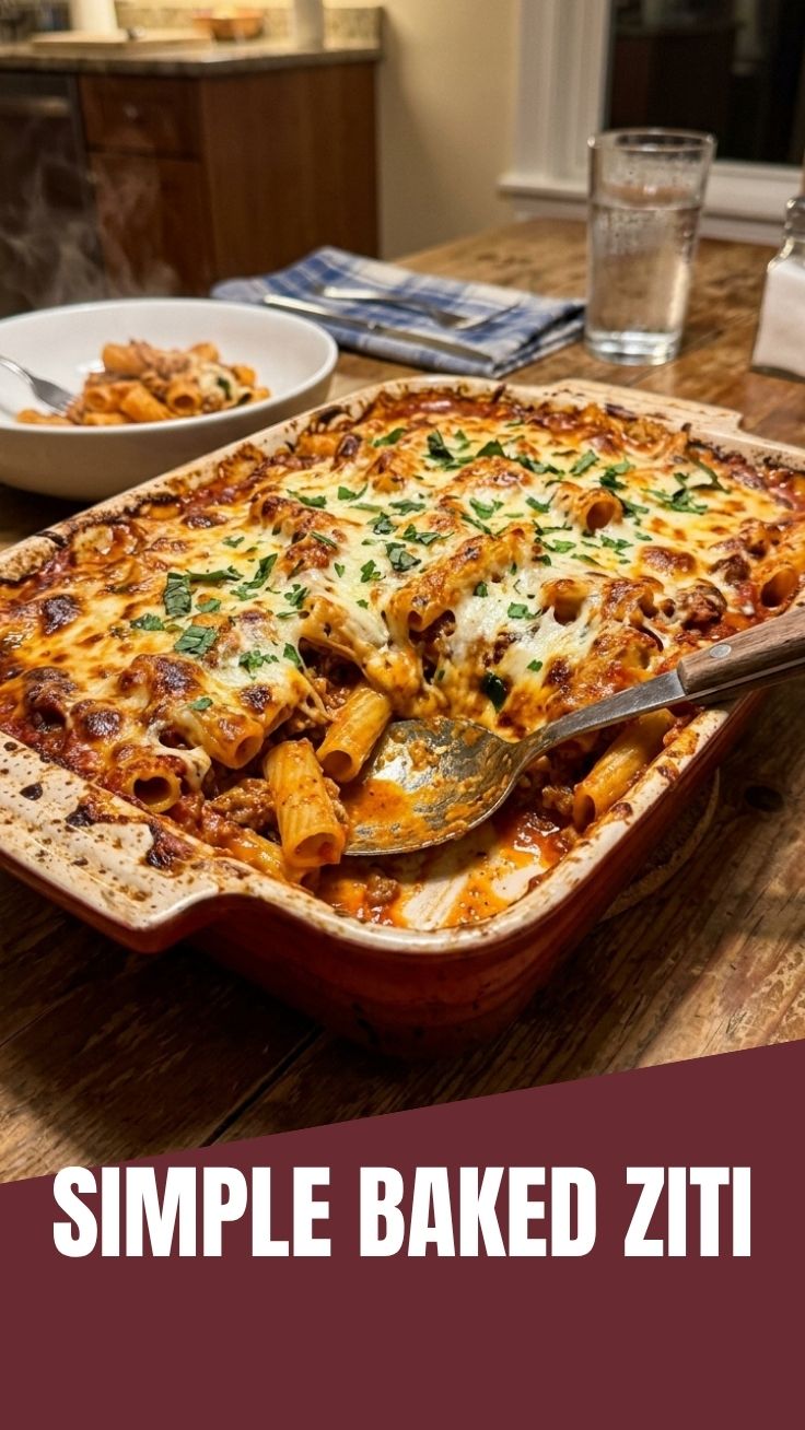 Baked Ziti in a baking dish with melted cheese