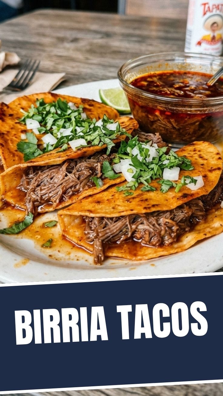 Plate of savory Birria tacos with rich consommé