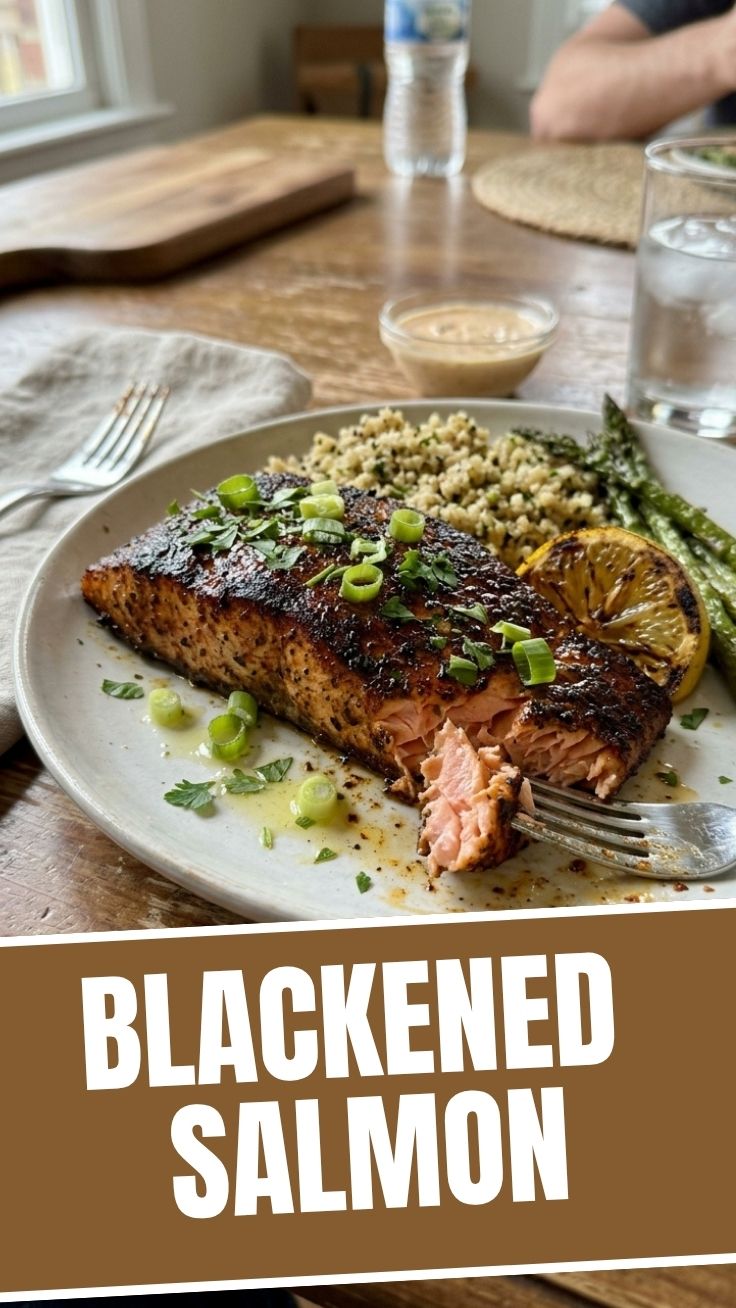 A perfectly cooked blackened salmon fillet with a crispy crust
