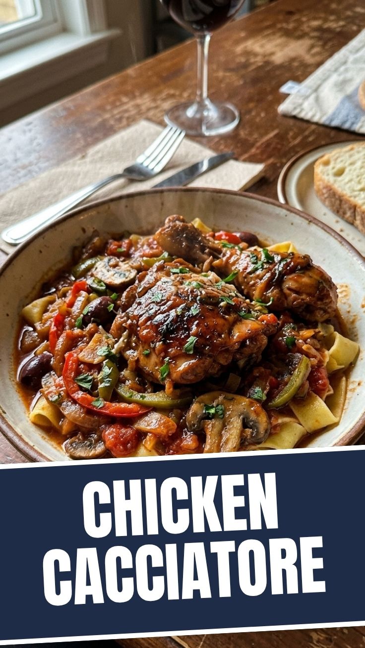 A bowl of chicken cacciatore with rich tomato sauce