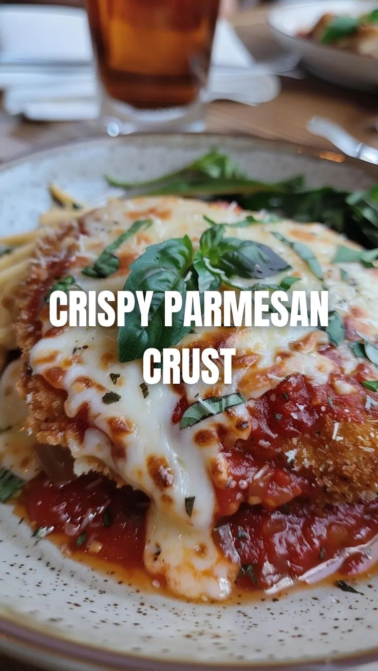 A vibrant dish of chicken parmesan topped with melted cheese and fresh herbs.