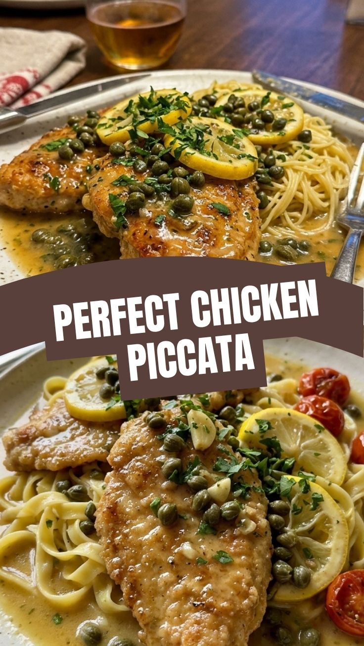 Golden chicken piccata with lemon caper sauce garnished with parsley in a skillet