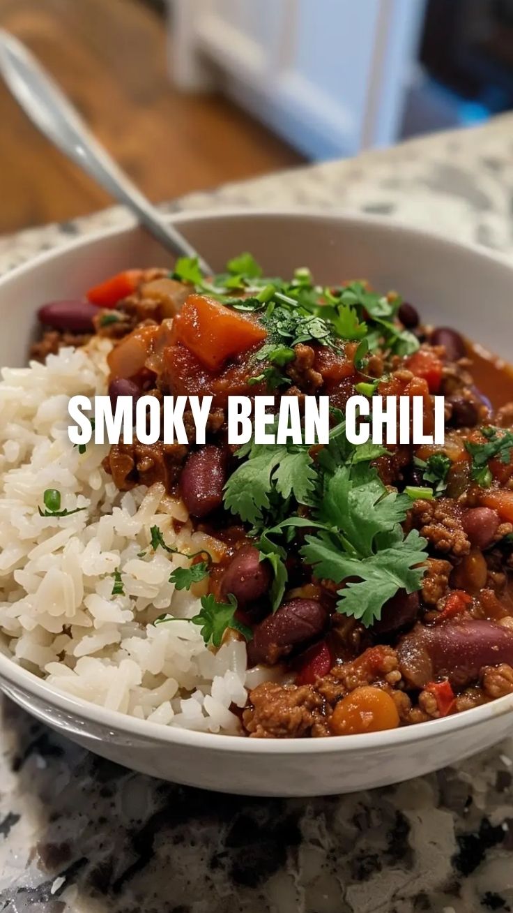 A bowl of rich, red chili con carne garnished with fresh herbs
