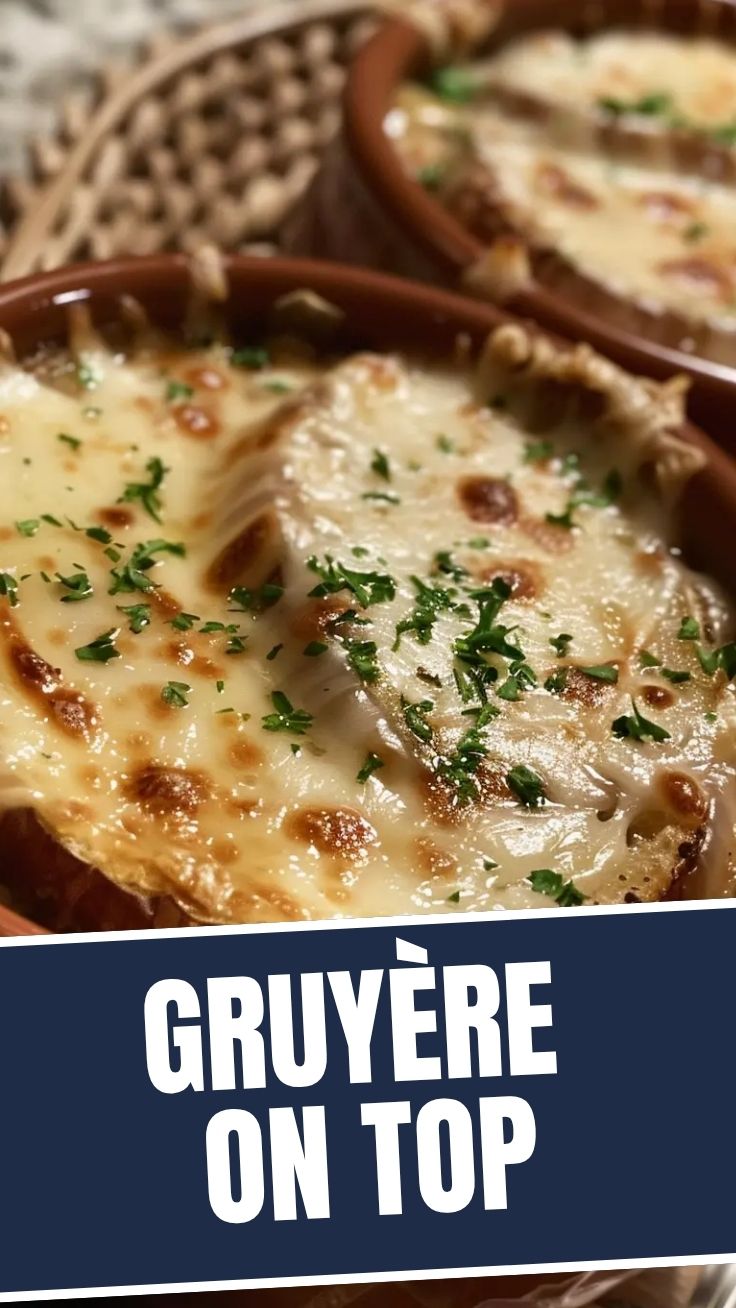 A steaming bowl of French Onion Soup topped with melted Gruyere cheese and croutons