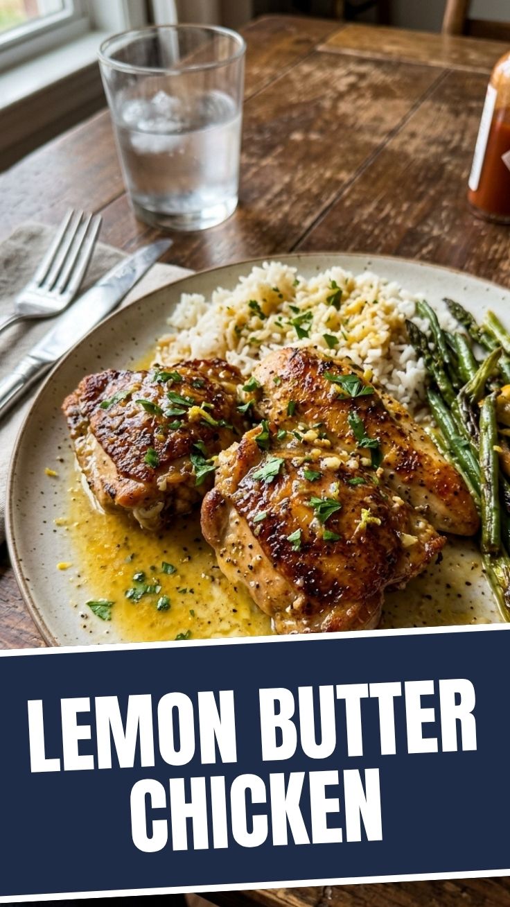 A savory dish of lemon butter chicken, garnished with fresh herbs.